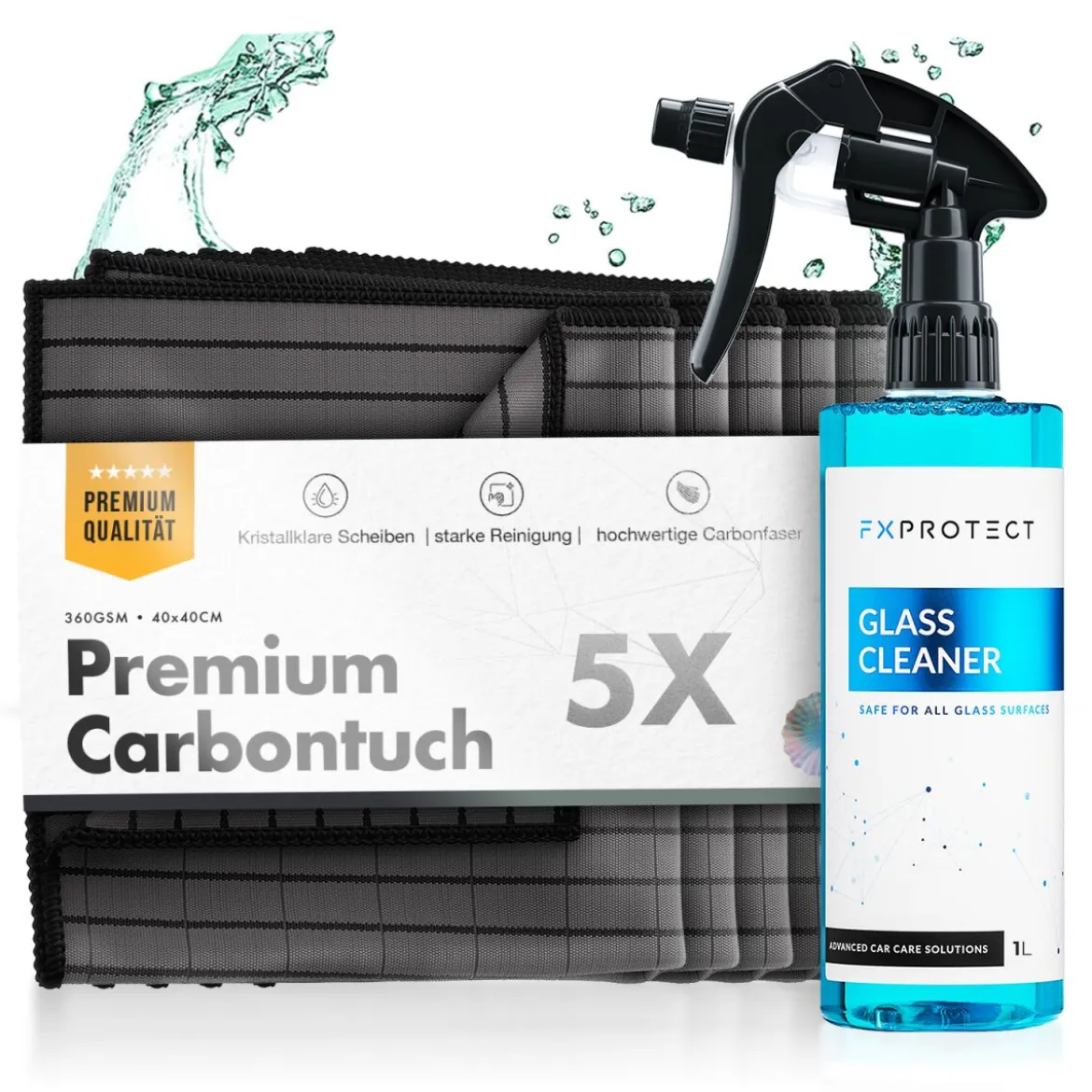 chemicalworkz Carbon Fiber Glass Towel Premium Glastuch 360GSM 40×40 5Stk. + Glasreiniger 1L