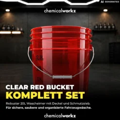 chemicalworkz Wascheimer Set 20 Liter Rot Transparent + Basic Zubehör Schwarz (3-teilig)