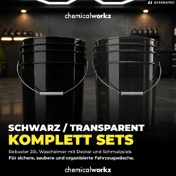chemicalworkz Wascheimer Set 20 Liter Schwarz + Basic Zubehör Schwarz (3-teilig)