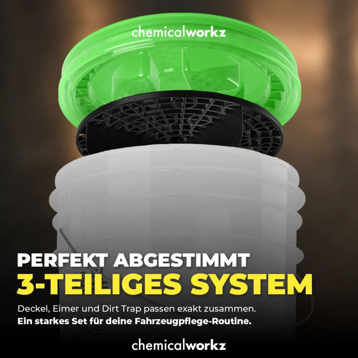 chemicalworkz Wascheimer Set 20 Liter Weiß Transparent + Zubehör Grün Transparent/Schwarz (3-teilig)